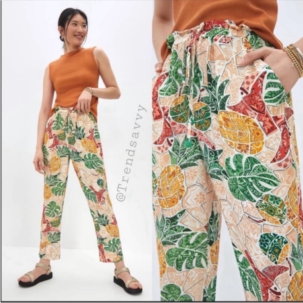 Anthropologie Farm Rio Tropical Mosaic Tapered Pants M Vacation Green Multicolor